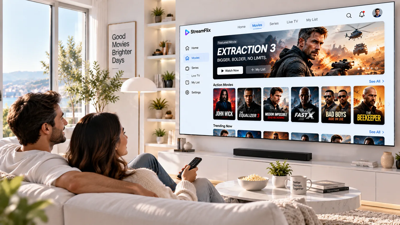 IPTV-App-Auswahl auf dem Fire TV Stick: TiviMate EPG-Vollansicht, XCIPTV Xtream-API-Menü, Smarters Pro Startbildschirm und OTT Navigator Kanalgruppen