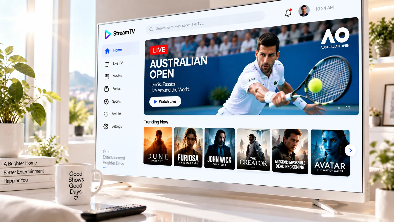 Smart IPTV App auf Samsung Smart TV: Startbildschirm mit angezeigter MAC-Adresse und Webportal samy.pro zur Playlist-Konfiguration auf einem Laptop daneben